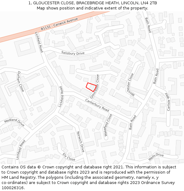 1, GLOUCESTER CLOSE, BRACEBRIDGE HEATH, LINCOLN, LN4 2TB: Location map and indicative extent of plot