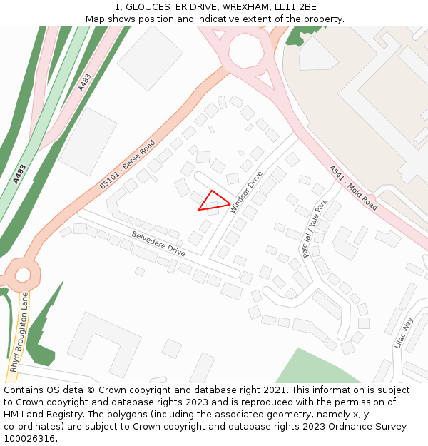 1, GLOUCESTER DRIVE, WREXHAM, LL11 2BE: Location map and indicative extent of plot