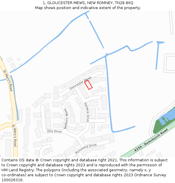 1, GLOUCESTER MEWS, NEW ROMNEY, TN28 8XQ: Location map and indicative extent of plot