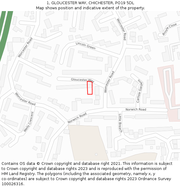 1, GLOUCESTER WAY, CHICHESTER, PO19 5DL: Location map and indicative extent of plot