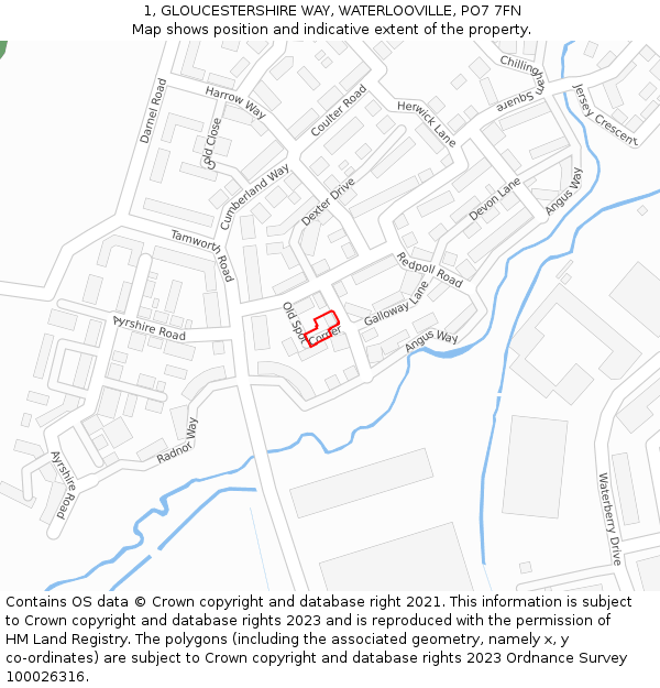 1, GLOUCESTERSHIRE WAY, WATERLOOVILLE, PO7 7FN: Location map and indicative extent of plot