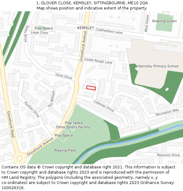 1, GLOVER CLOSE, KEMSLEY, SITTINGBOURNE, ME10 2QA: Location map and indicative extent of plot