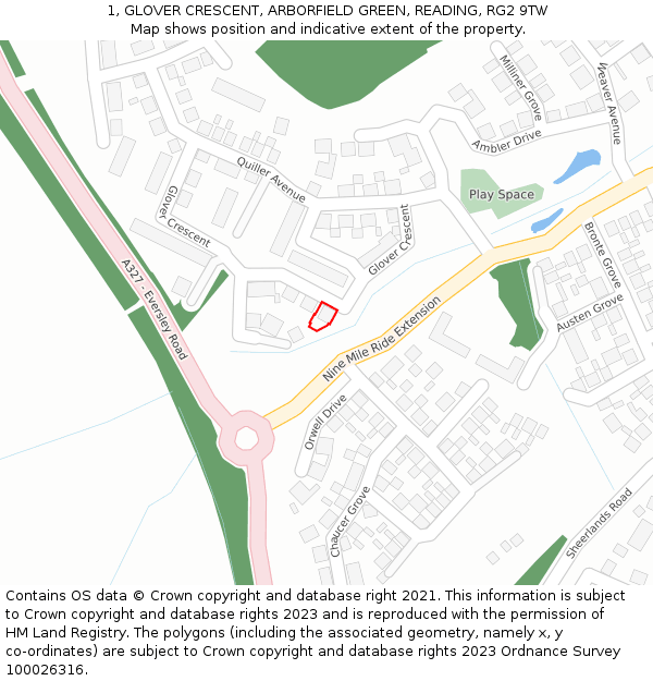 1, GLOVER CRESCENT, ARBORFIELD GREEN, READING, RG2 9TW: Location map and indicative extent of plot