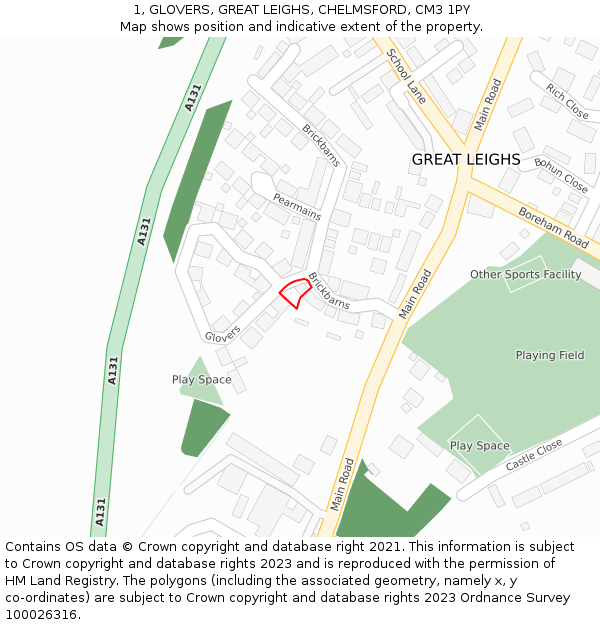 1, GLOVERS, GREAT LEIGHS, CHELMSFORD, CM3 1PY: Location map and indicative extent of plot