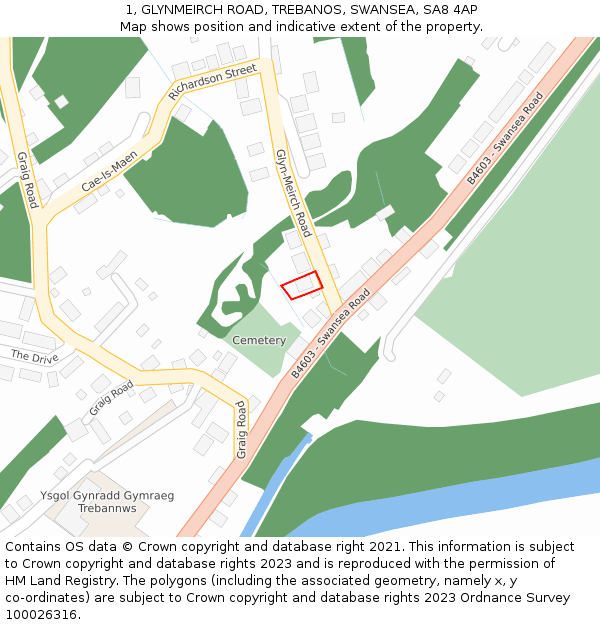 1, GLYNMEIRCH ROAD, TREBANOS, SWANSEA, SA8 4AP: Location map and indicative extent of plot