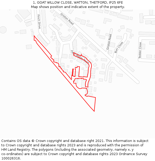 1, GOAT WILLOW CLOSE, WATTON, THETFORD, IP25 6FE: Location map and indicative extent of plot