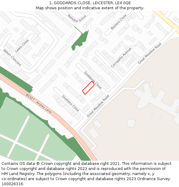 1, GODDARDS CLOSE, LEICESTER, LE4 0QE: Location map and indicative extent of plot