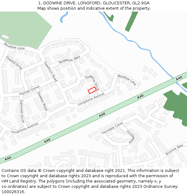 1, GODWINE DRIVE, LONGFORD, GLOUCESTER, GL2 9GA: Location map and indicative extent of plot