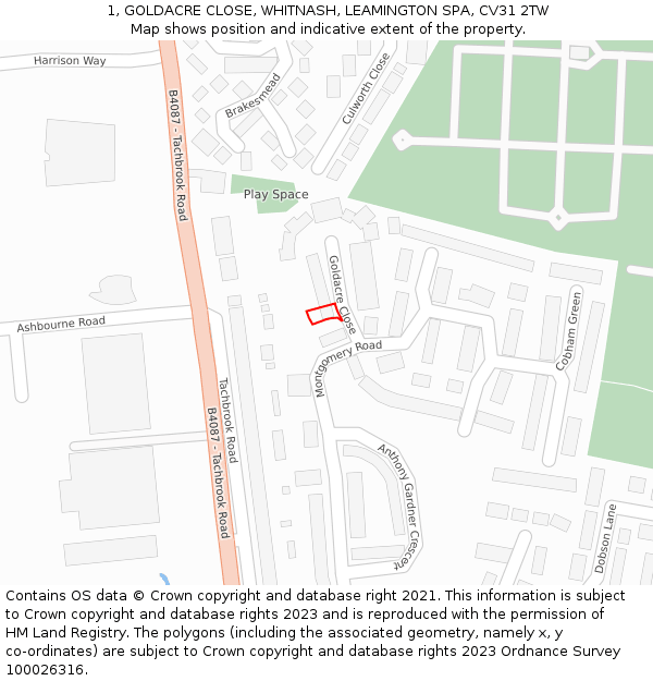 1, GOLDACRE CLOSE, WHITNASH, LEAMINGTON SPA, CV31 2TW: Location map and indicative extent of plot