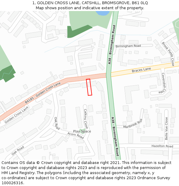 1, GOLDEN CROSS LANE, CATSHILL, BROMSGROVE, B61 0LQ: Location map and indicative extent of plot