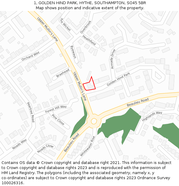 1, GOLDEN HIND PARK, HYTHE, SOUTHAMPTON, SO45 5BR: Location map and indicative extent of plot