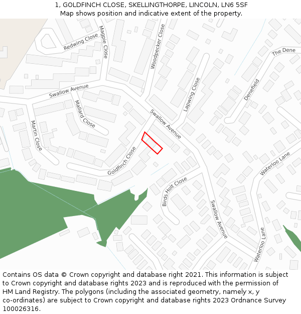 1, GOLDFINCH CLOSE, SKELLINGTHORPE, LINCOLN, LN6 5SF: Location map and indicative extent of plot