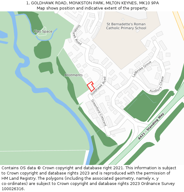 1, GOLDHAWK ROAD, MONKSTON PARK, MILTON KEYNES, MK10 9PA: Location map and indicative extent of plot