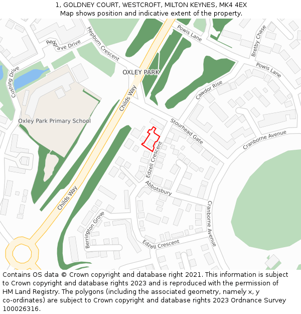 1, GOLDNEY COURT, WESTCROFT, MILTON KEYNES, MK4 4EX: Location map and indicative extent of plot