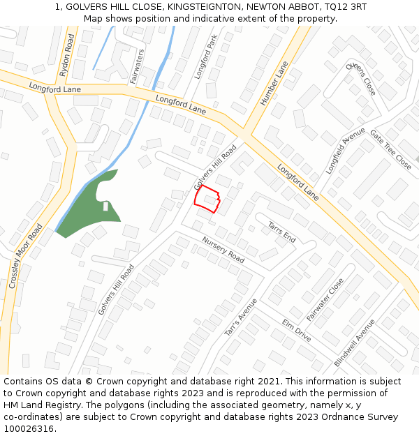 1, GOLVERS HILL CLOSE, KINGSTEIGNTON, NEWTON ABBOT, TQ12 3RT: Location map and indicative extent of plot