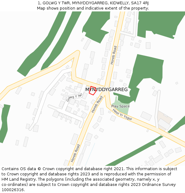 1, GOLWG Y TWR, MYNYDDYGARREG, KIDWELLY, SA17 4RJ: Location map and indicative extent of plot