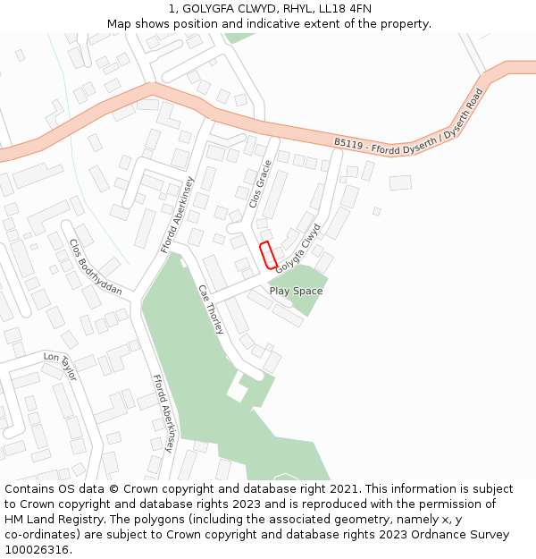 1, GOLYGFA CLWYD, RHYL, LL18 4FN: Location map and indicative extent of plot