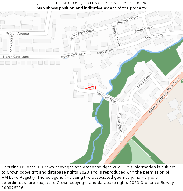 1, GOODFELLOW CLOSE, COTTINGLEY, BINGLEY, BD16 1WG: Location map and indicative extent of plot