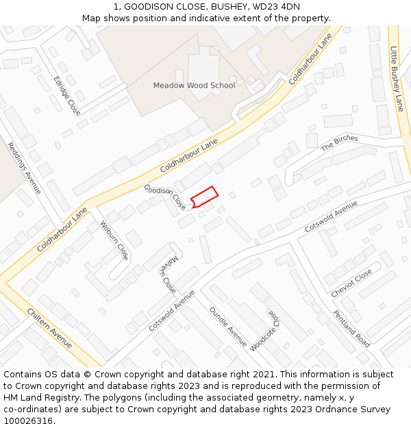 1, GOODISON CLOSE, BUSHEY, WD23 4DN: Location map and indicative extent of plot