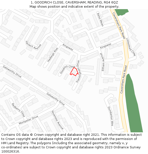 1, GOODRICH CLOSE, CAVERSHAM, READING, RG4 6QZ: Location map and indicative extent of plot