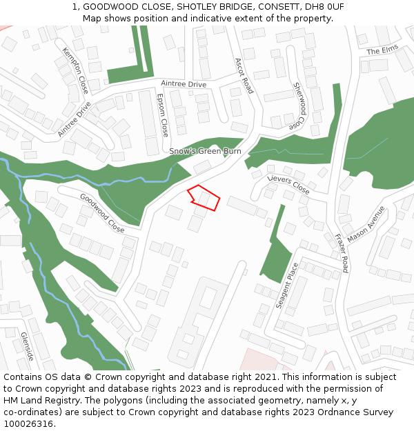 1, GOODWOOD CLOSE, SHOTLEY BRIDGE, CONSETT, DH8 0UF: Location map and indicative extent of plot