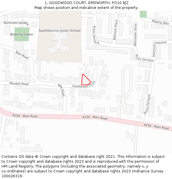 1, GOODWOOD COURT, EMSWORTH, PO10 8JZ: Location map and indicative extent of plot