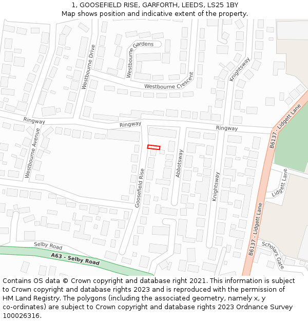 1, GOOSEFIELD RISE, GARFORTH, LEEDS, LS25 1BY: Location map and indicative extent of plot