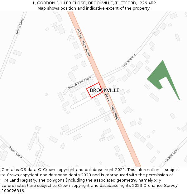 1, GORDON FULLER CLOSE, BROOKVILLE, THETFORD, IP26 4RP: Location map and indicative extent of plot