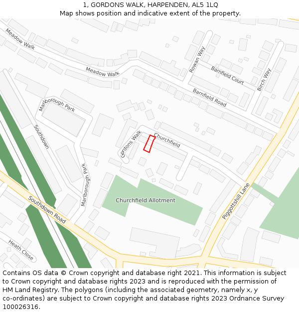 1, GORDONS WALK, HARPENDEN, AL5 1LQ: Location map and indicative extent of plot