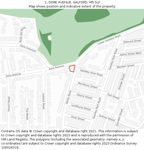 1, GORE AVENUE, SALFORD, M5 5LF: Location map and indicative extent of plot