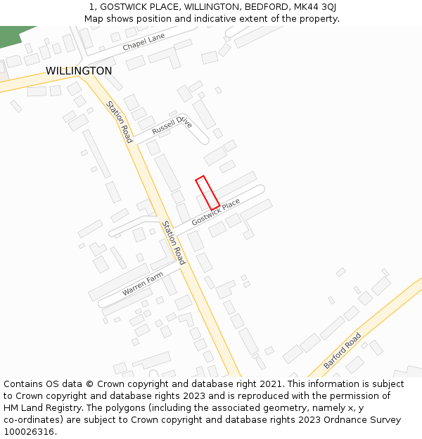 1, GOSTWICK PLACE, WILLINGTON, BEDFORD, MK44 3QJ: Location map and indicative extent of plot
