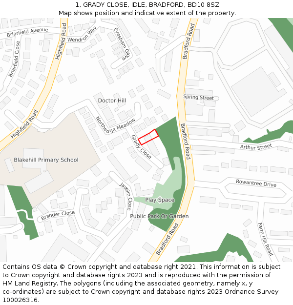 1, GRADY CLOSE, IDLE, BRADFORD, BD10 8SZ: Location map and indicative extent of plot