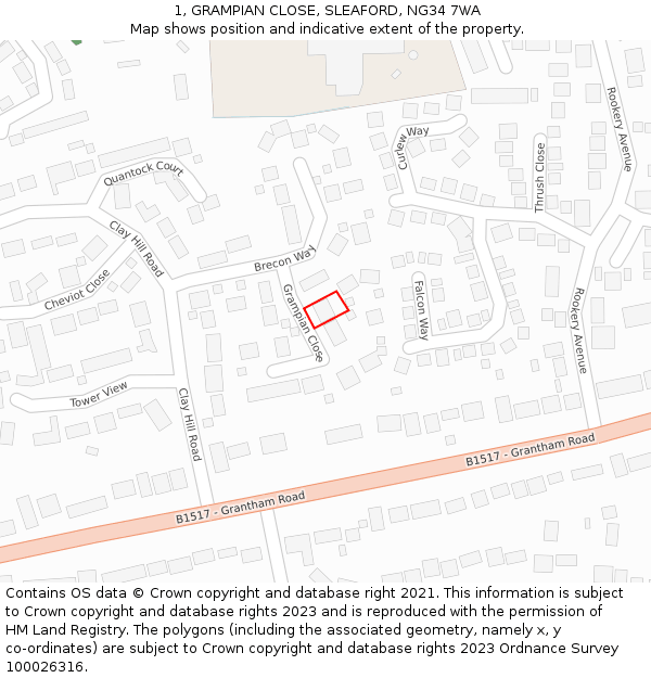 1, GRAMPIAN CLOSE, SLEAFORD, NG34 7WA: Location map and indicative extent of plot