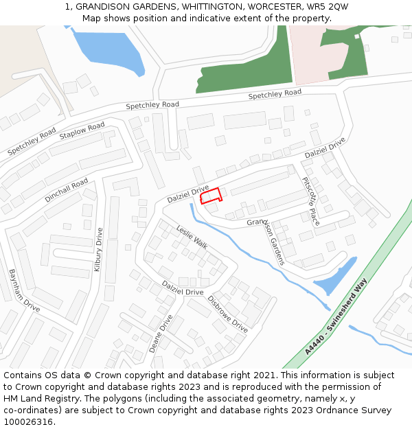 1, GRANDISON GARDENS, WHITTINGTON, WORCESTER, WR5 2QW: Location map and indicative extent of plot