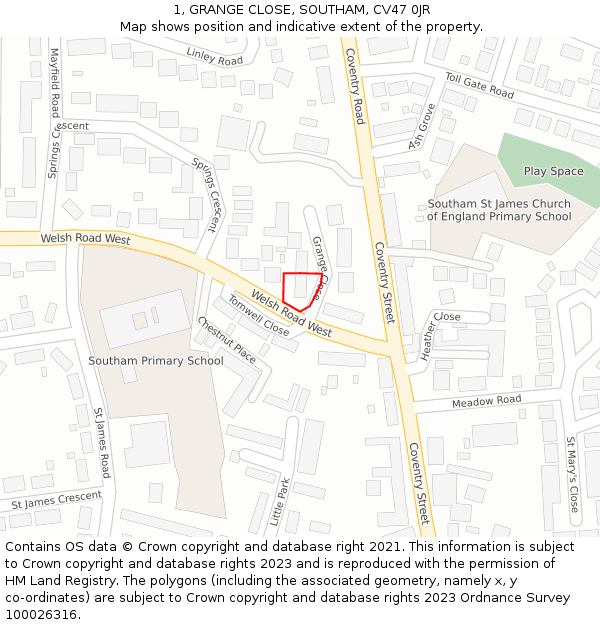1, GRANGE CLOSE, SOUTHAM, CV47 0JR: Location map and indicative extent of plot