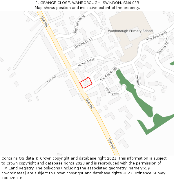 1, GRANGE CLOSE, WANBOROUGH, SWINDON, SN4 0FB: Location map and indicative extent of plot