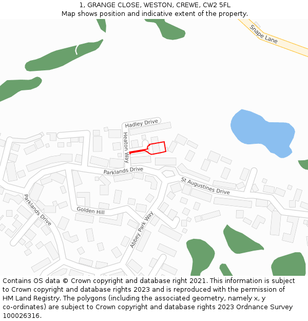 1, GRANGE CLOSE, WESTON, CREWE, CW2 5FL: Location map and indicative extent of plot