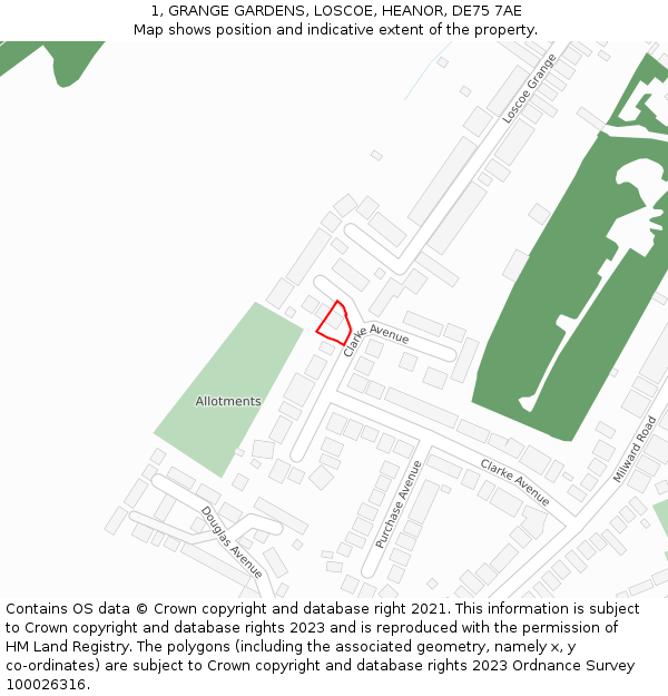 1, GRANGE GARDENS, LOSCOE, HEANOR, DE75 7AE: Location map and indicative extent of plot