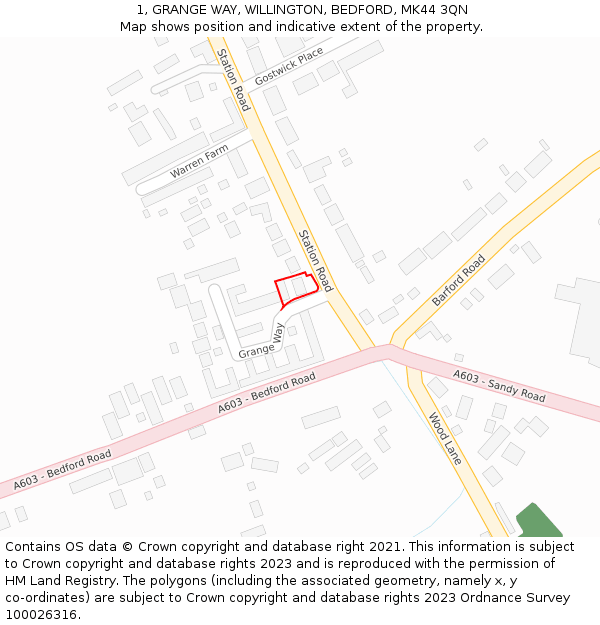 1, GRANGE WAY, WILLINGTON, BEDFORD, MK44 3QN: Location map and indicative extent of plot