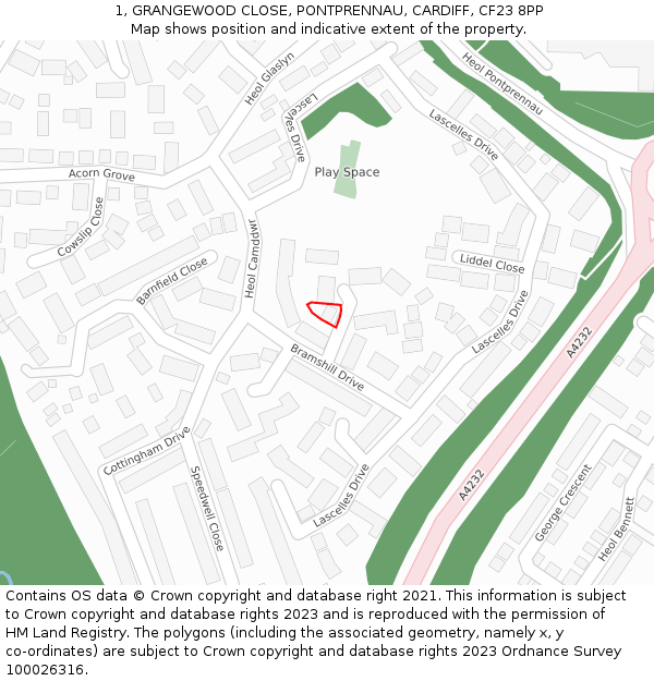 1, GRANGEWOOD CLOSE, PONTPRENNAU, CARDIFF, CF23 8PP: Location map and indicative extent of plot