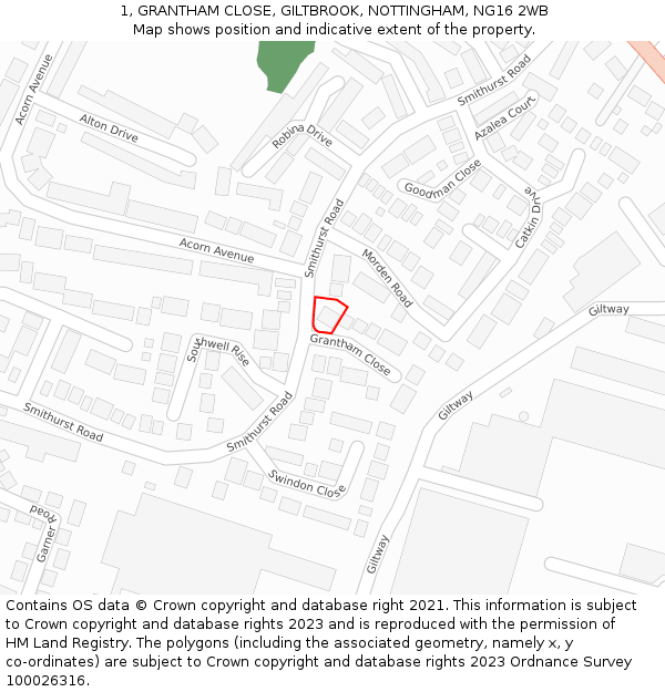 1, GRANTHAM CLOSE, GILTBROOK, NOTTINGHAM, NG16 2WB: Location map and indicative extent of plot