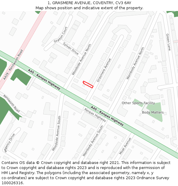 1, GRASMERE AVENUE, COVENTRY, CV3 6AY: Location map and indicative extent of plot