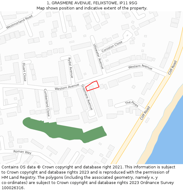 1, GRASMERE AVENUE, FELIXSTOWE, IP11 9SG: Location map and indicative extent of plot