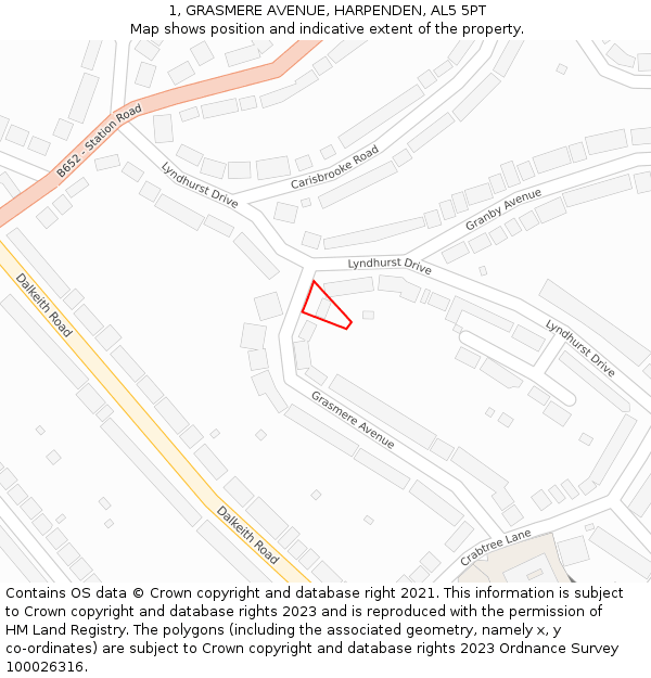 1, GRASMERE AVENUE, HARPENDEN, AL5 5PT: Location map and indicative extent of plot