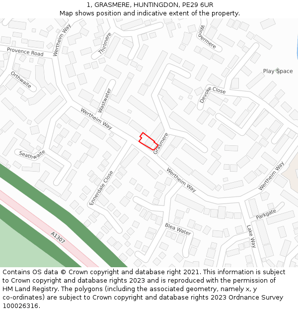 1, GRASMERE, HUNTINGDON, PE29 6UR: Location map and indicative extent of plot