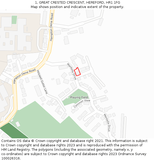 1, GREAT CRESTED CRESCENT, HEREFORD, HR1 1FG: Location map and indicative extent of plot