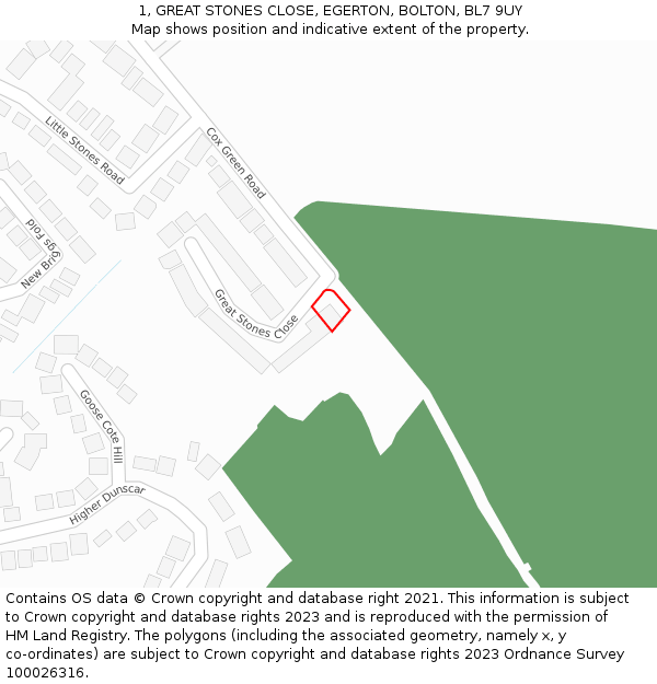 1, GREAT STONES CLOSE, EGERTON, BOLTON, BL7 9UY: Location map and indicative extent of plot