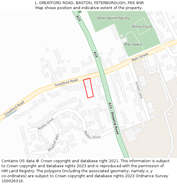 1, GREATFORD ROAD, BASTON, PETERBOROUGH, PE6 9NR: Location map and indicative extent of plot
