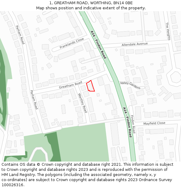 1, GREATHAM ROAD, WORTHING, BN14 0BE: Location map and indicative extent of plot