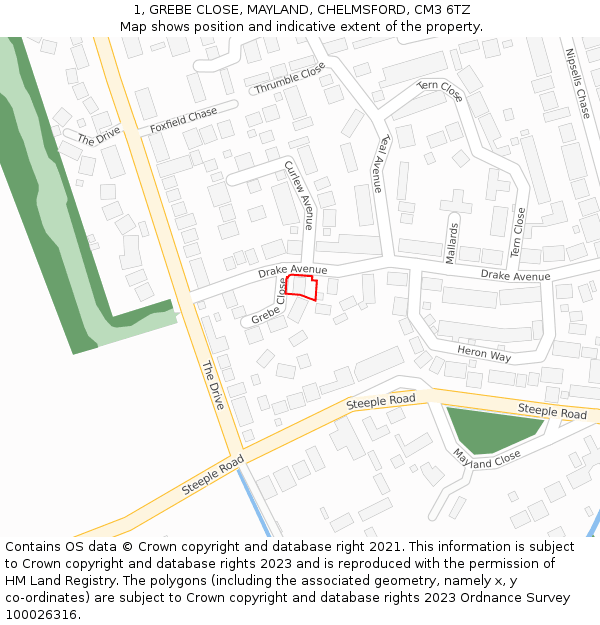 1, GREBE CLOSE, MAYLAND, CHELMSFORD, CM3 6TZ: Location map and indicative extent of plot